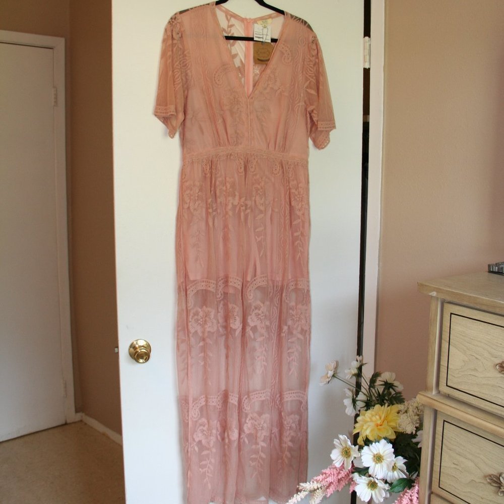 Kori America Blush Pink Maxi Romper/Dress With Floral Lace Overlay size M